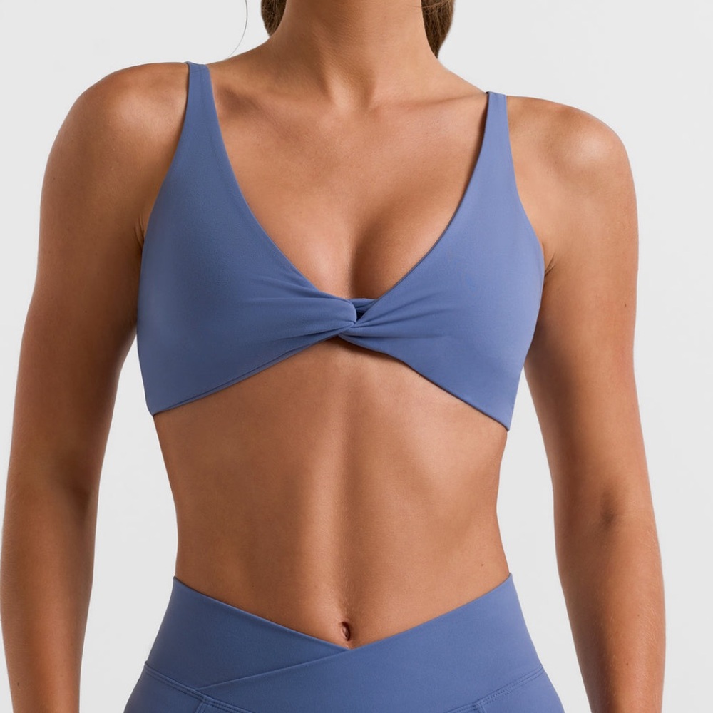 Bo+Tee Twist Bust Sports Bra in Slate Blue. New!